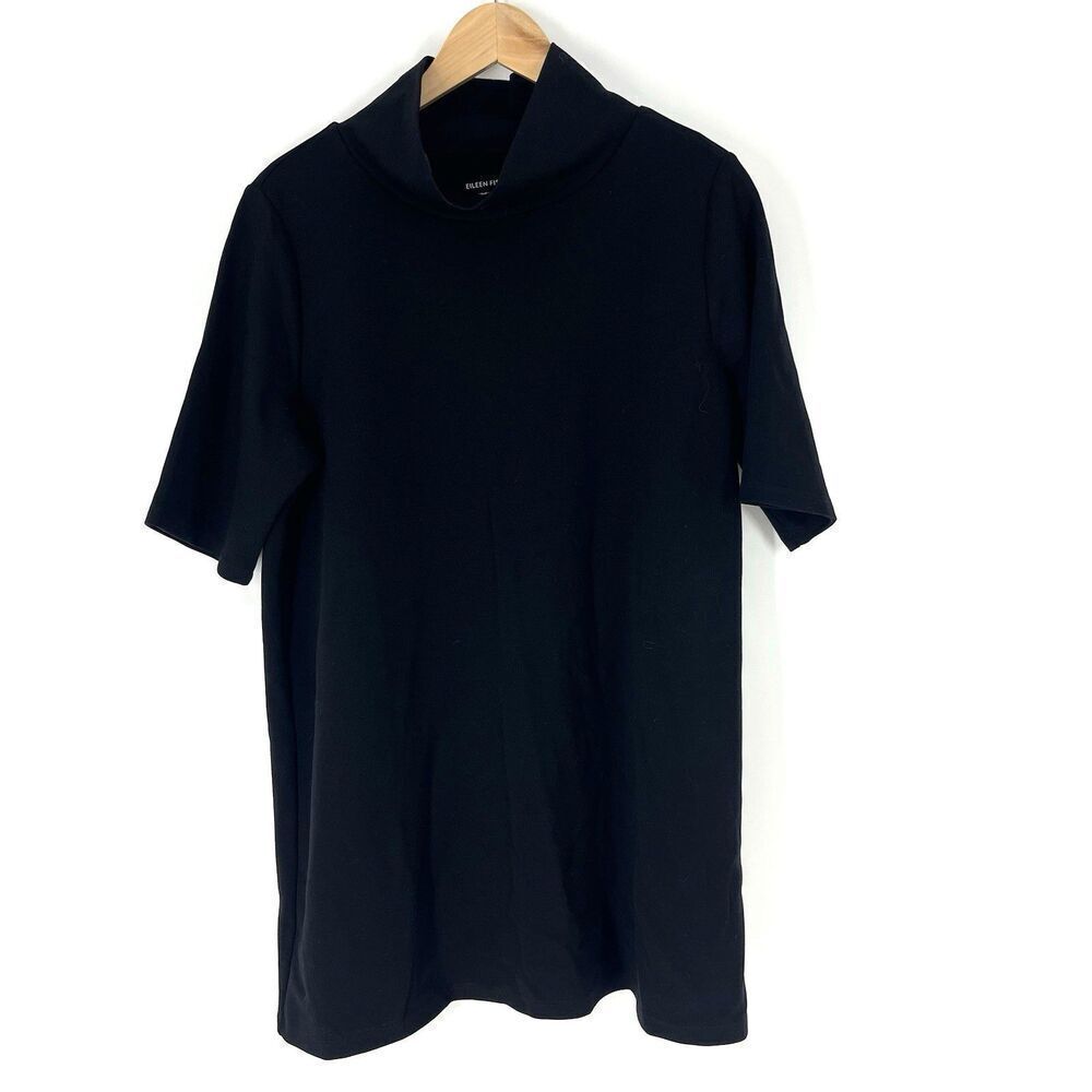 Eileen Fisher Tunic Top Medium Black Mock Neck Tencel Pullover Half Sleeve Shirt